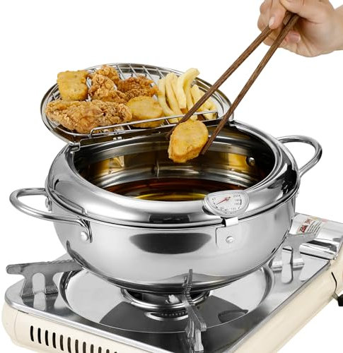 YLARMY Friteuse à frire tempura janpanaise de 27,9 cm avec couvercle, thermomètre en acier inoxydable avec contrôle de la température, grille de filtre à huile, friteuse de cuisine, friteuse à huile