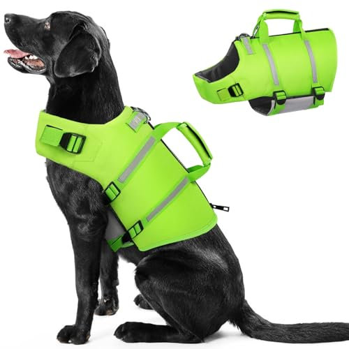 PUZAUKAL Giubbotto Salvagente Cane Ripstop Salvagente per Cani con Manico e Strisce Riflettenti Giubbotto di Salvataggio per Cani regolabile con Buona Galleggiabilità per Nuoto,Spiaggia,Verde-M