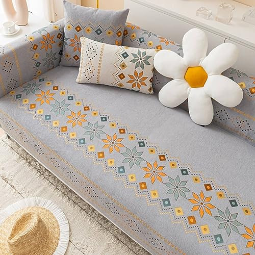 KnSam Home Sofaüberwürfe, Bohemian Stil Geometrisch Blumen Couch Überwurf Sofaüberwurf, Superweiche Sofahusse Chenille Anti-Rutsch-Couch (90x160CM, Grau)