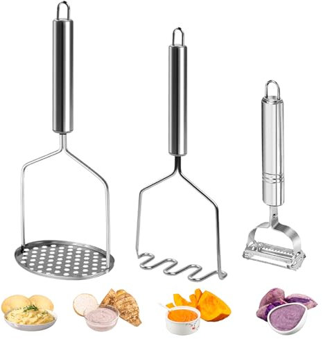 FIHODONE Lot de 2 presse-purées, 1 éplucheur de pommes de terre, presse-purée en acier inoxydable, éplucheur de potato masher cuisine, presse-purée de pommes de terre en acier inoxydable pour purée de
