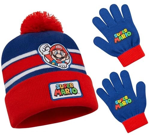 Super Mario Jungen Mütze & Handschuhe Set - Kinder Geschenke