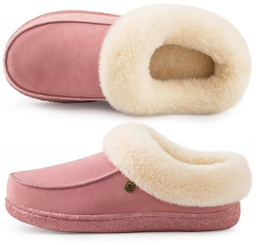HomeTop Women's Moccasin Slip-on Slippers Soft Microsuede Clog Comfy Non-slip Memory Foam Indoor Outdoor House Shoes with Fuzzy Collar Rose Pink, 3-4 UK
