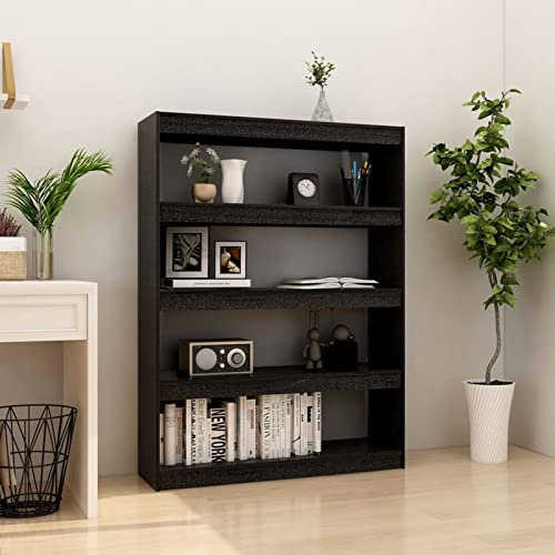 Chaduof Bücherregal/Raumteiler, Raumteiler Regal, Standregal, Bookcase, Bücherwand, Büroregal, Regalbrett, Schwarz 100x30x135,5cm Kiefer Massivholz