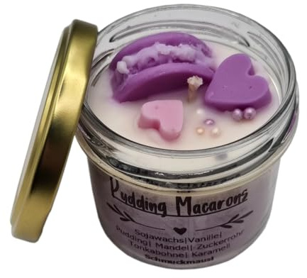 Duftkerze im Glas. Duft: Pudding Macarons. Handgemacht aus 100% Sojawachs