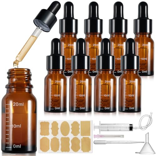 Realure 8 Pcs Pipette Dropper Bottle with Scale 20ml Mini Amber Glass Eye Dropper Bottles with Funnel Lables Refillable for Essential Oil Aromatherapy Blends Perfumes Liquids Laboratory