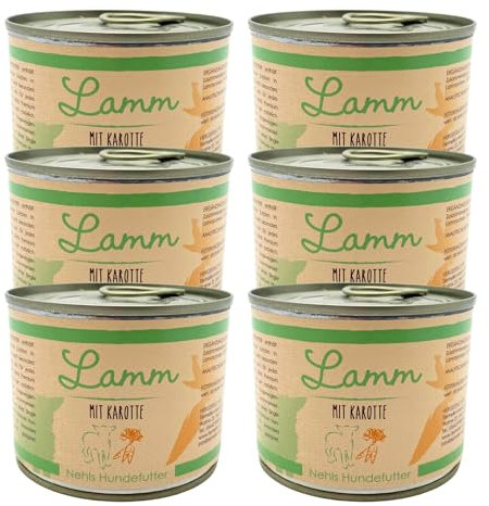 Nehls Hundefutter nass - Lamm mit Karotte Monoprotein - Premium Qualität mit regionalen Zutaten - ohne Zusatzstoffe - Getreide- und Allergenfrei - geeignet für futtersensible Tiere (6 x 200g)