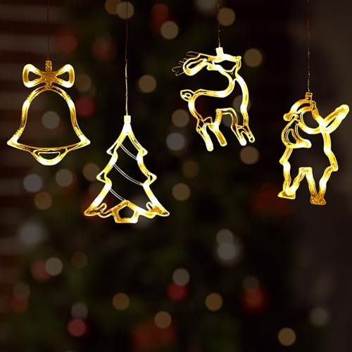 4 Stück Weihnachtsdeko Fensterlichter, 10 LED Lichtervorhang Warmweiß - Weihnachtshirsch Weihnachtsmann Weihnachtsbaum Und Glocke - Lichterkette mit Saugnäpfe für Innen & Außen Weihnachten Party