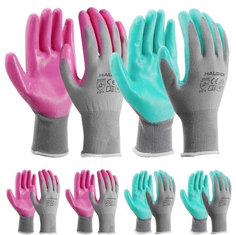HAUSHOF Gartenhandschuhe 6 Paar, Nitrilbeschichtete Arbeitshandschuhe, Speziell für Damen und kleinere Hände, Ideal für Gartenarbeit, Restaurierungsarbeiten, Pink & Grün