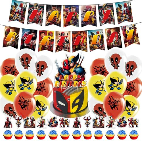 44pcs Deadpool Geburtstag Deko,Geburtstag Party Deko,Ballon Party Dekoration,mit Banner,Luftballons,Cake Topper，für Kinder Geburtstagsfeier