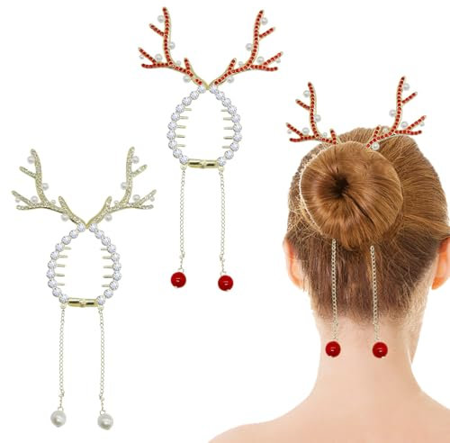 2 PCS Pinces à Cheveux de Noël pour Filles,Accessoires pour Cheveux en Bois de Cerf,accessoires pour cheveux de Noël pour femmes, pince à cheveux d'hiver avec strass et perles en métal pour femmes