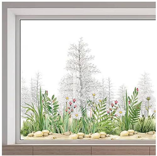 GORGECRAFT 116x38cm Nicht Klebende Fensteraufkleber Mit Gänseblümchen Und Blumenblättern Große Fensteraufkleber Mit Grünem Gras Und Blumen Wiederverwendbarer Doppelseitiger Statischer Fensteraufkleb