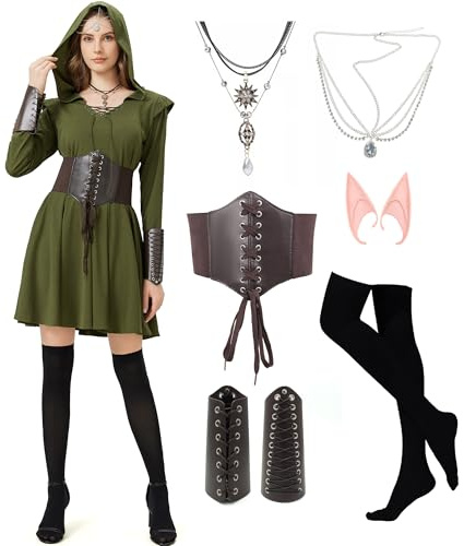 KUKIKUKI Mittelalter Kleidung Damen Gothic Kleid Elfen Kostüm Damen Mittelalterliches Kapuzenkleid Set, Mittelalter Kostüm Damen Renaissance Kleid fur Erwachsene mit Zubehör