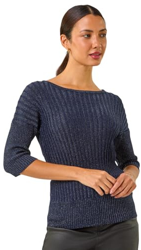 Roman Shimmer Ribbed Batwing Knit Jumper for Women UK Ladies Autumn Everyday Winter Holiday Slash Neckline Comfy 3/4 Sleeve Soft Metallic Fabric Top Office Desk