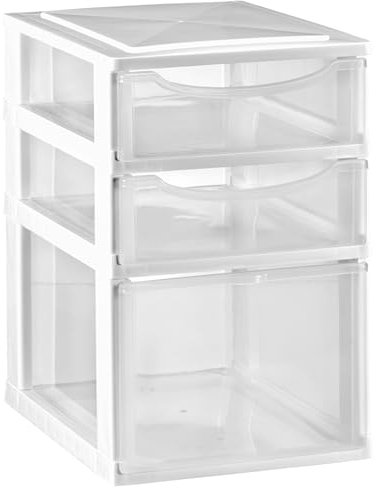 Hummelladen Schubladenbox DIN A4 mit 3 Schubladen 34,5x26x39 cm - Weiss-transparent Kunststoff Drawer Tower Box Organizer für Schreibtisch Easy-Pull-System