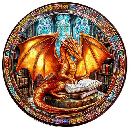KaayeeWood Wooden Jigsaw Puzzles-300 Pieces Dragon's Library Unique Shape Wooden Puzzles for Adults, Challenge Wood Puzzles with Wood Box, Birthday Gifts for Family Friend(13.4 * 13.4in)