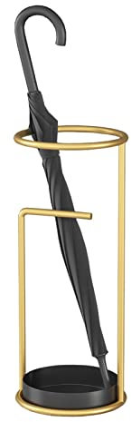 Gold Minimalist Umbrella Stand with Drip Tray & Hook Nordic Round Entryway Organizer Rack for Canes Ski Poles Golf Clubs