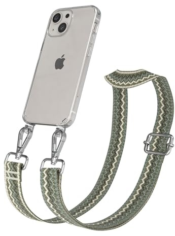 EAZY CASE Handykette - Verstellbares Taschenband kompatibel mit iPhone 13 Mini, Schulterriemen, Handykordel mit Silikon Hülle, Umhängetasche, Grün Beige Silber