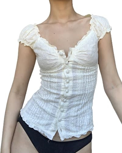 Women Y2K Ruffle Crop Top Short Puff Sleeve V Neck Lace Trim Button Down T-Shirt Summer Fairy Grunge Babydoll Blouse Tee (White C, S)