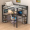 Heavy Duty Metal Full Size Loft Bed with Desk and Shelves, Loft Bed with Ladder and Guardrails, Loft Bed Frame for Bedroom, Black with Vintage Wood-Colored Desk and Open Storage Shelves