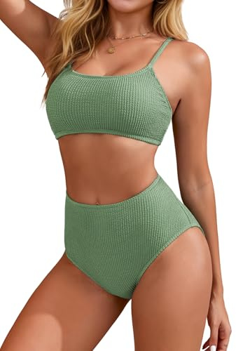 PONCEAU Bikini Damen Set High Waist Bauchweg - Gerippte Bademode mit Sport Oberteil & Hoher Bund Unterteil Strukturierte Bademode Zweiteiler Badeanzug für Strand & Pool