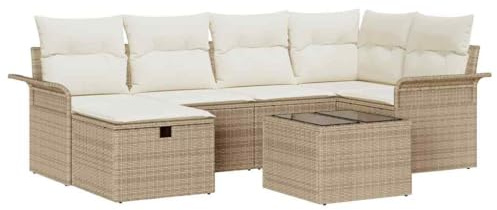 vidaXL 7-TLG. Garten-Sofa-Set mit Kissen – Beige, Poly Rattan – Wetterfestes, bequemes und stylisches Outdoor-Möbel für 5 Personen – Ideal für Garten, Terrasse und Wohnzimmer