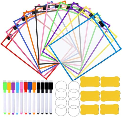Dry Erase Taschen, 10 Stück Wiederverwendbare Trocken Abwischbare Taschen Abwischbare Durchsichtige Tasche mit 12 Löschbare Stifte, 6 Radiergummi und 8 Metallösen für Büro und Schulbedarf