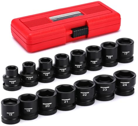 MIXPOWER 15-Piece 1/2 Drive Stubby Impact Socket,CR-MO,10-24mm,6-Point,Metric,Radius Corner Design, Axle Nut Impact Grade Socket for Easy Removal