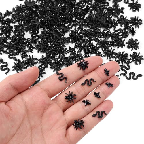 210pcs Mini-Insectes d'halloween en Résine, Chauves-Souris Serpents Araignées Miniatures Petites Créatures pour Loisirs Créatifs Jardin Féérique Aménagement Paysager et Décorations Fête (Noir)