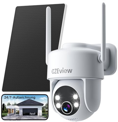 CZEview 2.Gen Überwachungskamera Aussen Akku Solar, Kontinuierliche Aufzeichnung 24/7, Automatische Verfolgung, 2K, 360° PTZ Kamera Überwachung Außen, Kabellos, 2.4GHz WLAN (2. Gen Kamera)