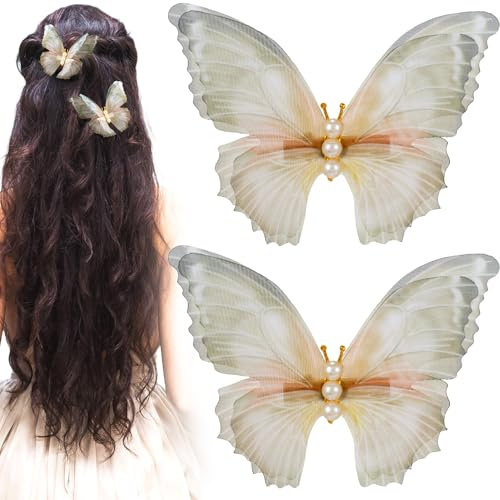 Alpinleux 2 Pcs Green Butterfly Clips, 3D Moving Wings Butterfly Hair Clips, Pearl Strong Hold Butterflies Hair Accessories, Fairy Hair Accessories for Women (Green)