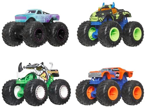 Hot Wheels Monster Trucks Half Hazards 4er-Pack | 4er-Pack Monster Trucks im Maßstab 1:64 mit Riesenrädern und coolen Designs, JJT67