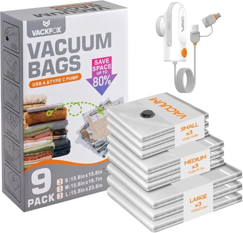 VACKFOX Travel Vacuum Bags with USB & TYPE C Pump, 9 Pack Carry-On Vacuum Storage Bags for Luggage & Suitcase, Vacuum Luggage Bags, Space Saver for Clothes & Travel(Grey)