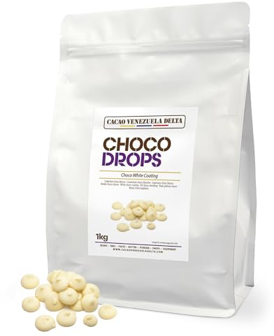 Cacao V Delta Cobertura Choco Blanca Especial 1 Kg de Fácil Atemperado, Buena Fluidez y Brillo - Equivalente a Chocolate Blanco Profesional Gotas - Repostería, Pastelería, Baños, Moldes y Decoraciones