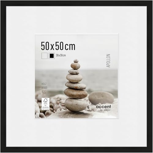 accent by nielsen Bilderrahmen mit Passepartout, 50 x 50 cm, Holz, Schwarz, Posterrahmen zum Aufhängen im Hoch- & Querformat, Echtglas, Apollon