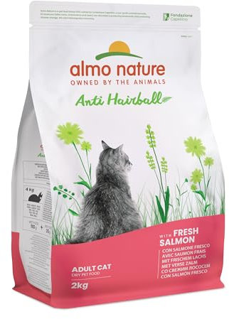 Almo Nature Anti Hairball - Adult Cat Kibble with Fresh Salmon, with a Blend of Vegetable Fibres to Counteract the Formation of Hairballs - 2kg Bag