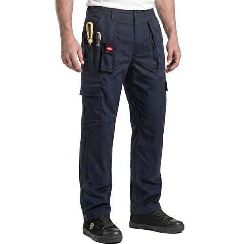 Lee Cooper Men's Workwear Cargo Trousers with Knee Pad Pockets – 320 GSM Heavy Duty Multi Pocket Safety Work Pants, Durable Easy Care Work Trousers for Construction and Trade (Navy, 30W/33L)