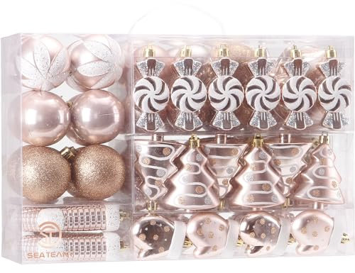 Sea Team 77-Pack Assorted Shatterproof Christmas Balls Christmas Ornaments Set Decorative Baubles Pendants with Reusable Hand-held Gift Package for Xmas Tree (Rose Gold)