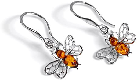 Honey Bee Bumblebee Drop Earrings in 925 Silver and Baltic Cognac Amber with Gift Box