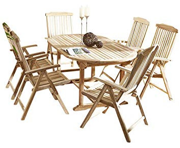 SAM 7tlg. Gartengruppe Aruba, Teak-Holz, 1 x ovaler Ausziehtisch ca. 180-240 x 100 cm + 6 x Hochlehner Aruba