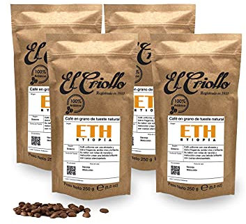 Cafés El Criollo | Café Origen Etiopía en GRANO | Café de Especialidad 1Kg 100% Arábica | Specialty Coffee 83,75 puntos SCA | Tueste Natural | 1kg