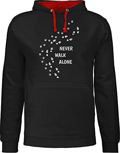 Pullover Herren Frauen Hoodie Kontrast zweifarbig - Geschenk für Hundebesitzer - Never walk alone Pfotenabdrücke - S - Schwarz/Rot - klamotten mit hundepfoten hundefan gassi pulli hundepullover