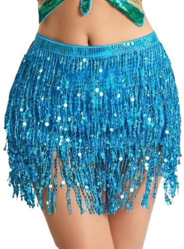 Wuchieal Pailletten Glitzer Bauchtanz Hüfttuch Kostüm Pailletten Quaste Outfits Rock Gürtel Festival Kleidung (Hellblau, One Size)