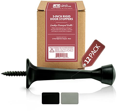 Jack N? Drill 3-Inch Rigid Door Stop (12 Pack) - Heavy Duty Solid Metal Door Stopper | Prevents Wall & Door Damage - Rigid Rubber Tip Door Stop for Kitchen, Bedroom, Office, Garage