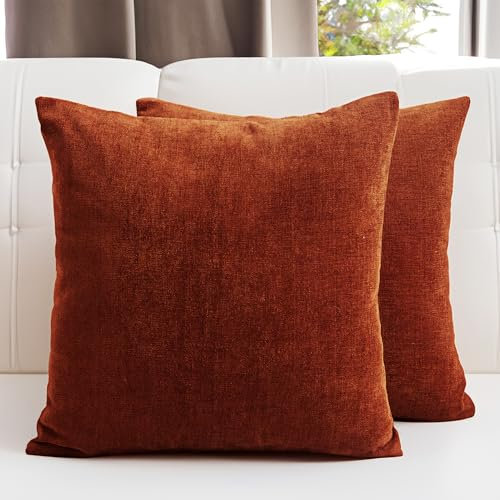 Encasa XO Chenille Kissenbezüge Set von 2 | Rust Orange - (16x16) (40x40 cm) | Dekorative Akzent Quadratische Wurfkissenbezüge Für Couch, Heimdekoration, Sofa