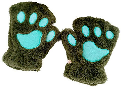 Tonsee 1 Paar Handschuhe Fingerlos Damen Mädchen Plüsch Halb Handschuhe Dicken Warmen Fingerhandschue Niedlich Cartoon Tier Bär Katze Krallen Fäustlinge Winterhandschuhe (Grün)