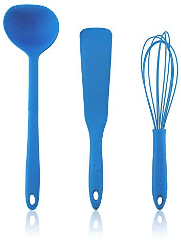 Kochblume Pfannkuchen Set - Schöpfkelle S + Spatel + Schneebesen L - 3 tlg. | Premium-Silikon & BPA frei | Hitzebeständig | Spülmaschinenfest | Farbe: blau
