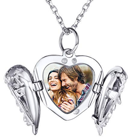SILVERCUTE Damen Mädchen 925 Silber Foto Kette Engelsflügel Herz Anhänger zum Öffnen mit 45cm Kette personalisiert Medaillon Photo Bilder Amulett Schmuck für Valentinstag Weihnachten