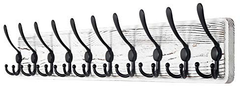 Dseap Coat Rack Wall Mount - 97cm Long, Patented, Heavy-Duty, 10-Tri-Hooks, Shabby Chic Wooden Wall Coat Hanger Hook Rail for Winter Coats Hat Jacket Clothing, Weathered White & Black