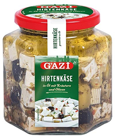 Gazi Hirtenkäse in Öl mit Kräutern und Oliven - 10x 375g Glas - Kuhkäse Käse Cow Cheese in Rapsöl 45% Fett i. Tr. aus 100% Kuhmilch mild mikrobielles Lab vegetarisch glutenfrei Halal