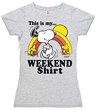Logoshirt® Peanuts This is My Weekend Shirt T-Shirt Damen L | Snoopy und Woodstock-Motiv, lustiges Comic T-Shirt, lizenziertes Originaldesign, weiche Baumwollmischung, für Peanuts-Fans
